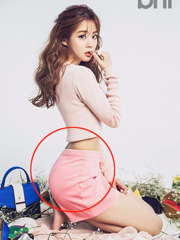 Thành viên Han Seung Yeon của nhóm KARA khi lên ảnh tạp chí đã bị chỉnh sửa khiến vòng eo nhỏ xíu, còn vòng 3 được tăng kích cỡ. 