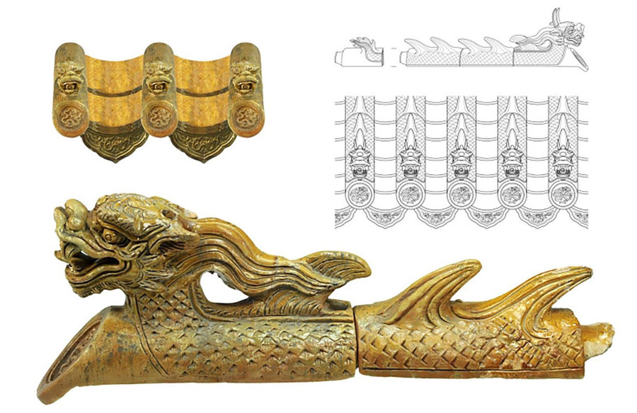 Ngói vàng hình rồng dùng để lợp mái điện Kính Thiên. Ảnh: Viện NCKT. Ngói vàng hình rồng dùng để lợp mái điện Kính Thiên. Ảnh: Viện NCKT.