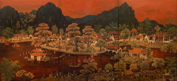 Tác phẩm “Lễ hội chùa Thầy” – kích cỡ 4x2,5m được trả giá tới 5 tỉ đồng.