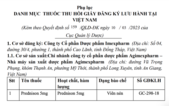 Thông báo thu hồi giấy đăng ký lưu hành đối với thuốc Prednison 5mg. Thông báo thu hồi giấy đăng ký lưu hành đối với thuốc Prednison 5mg.
