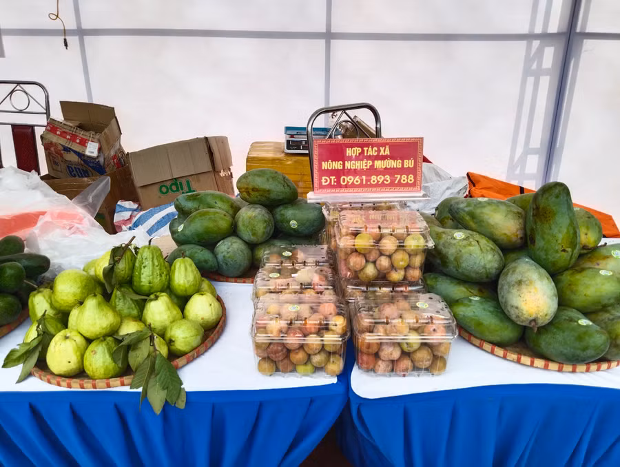 Một số sản phẩm của HTX nông nghiệp Mường Bú, huyện Mường La trưng bày tại gian hàng.