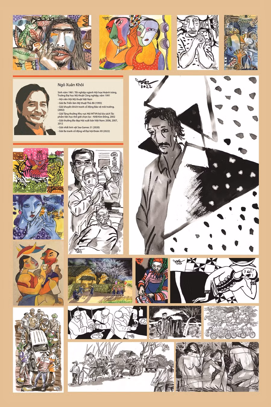 Một số tác phẩm minh họa báo chí được giới thiệu tại triển lãm. Ảnh: ITN