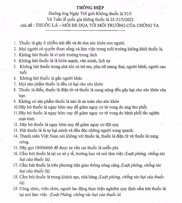 Hưởng ứng Ngày thế giới không thuốc lá (31/5) và Tuần lễ Quốc gia không thuốc lá ảnh 1
