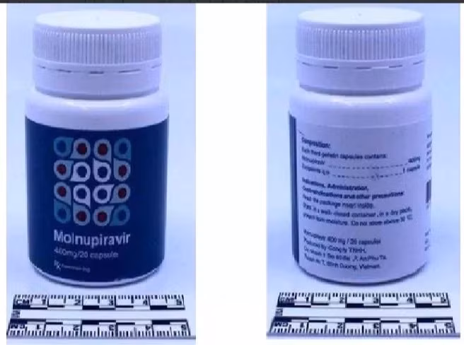Hình ảnh thuốc giả Molnupiravir điều trị Covid-19 phát hiện tại Thụy Sỹ. Hình ảnh tại CV của Cục Quản lý Dược.