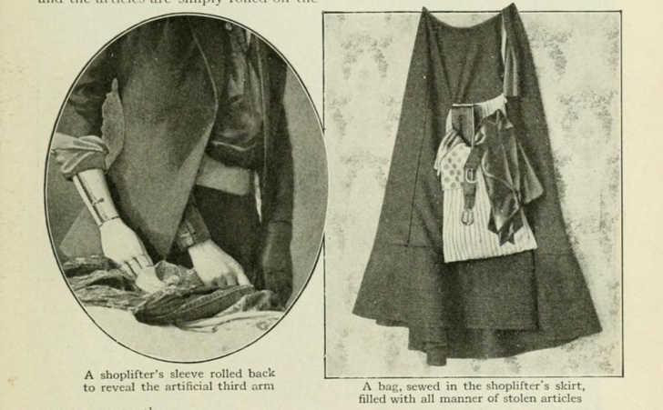 Áo khoác gắn cánh tay giả và túi ẩn may thêm để thuận lợi cho các nữ đạo chích ăn trộm. Áo khoác gắn cánh tay giả và túi ẩn may thêm để thuận lợi cho các nữ đạo chích ăn trộm.