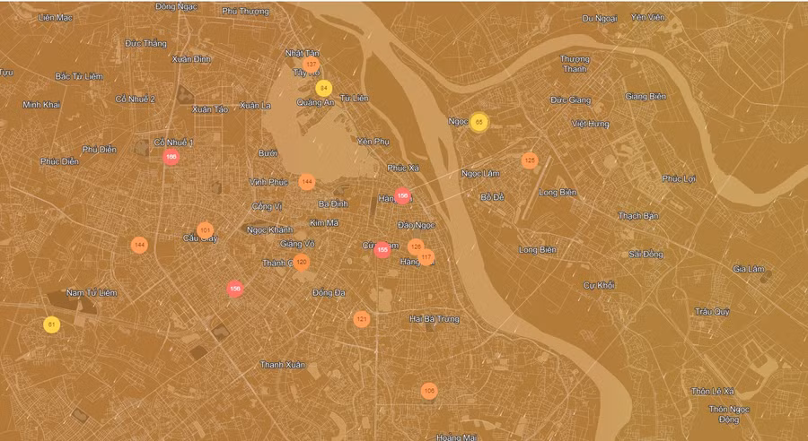 Chỉ số AQI quan trắc được tại các khu vực ở Hà Nội lúc 15h30 ngày 17/11. Ảnh: iqair.