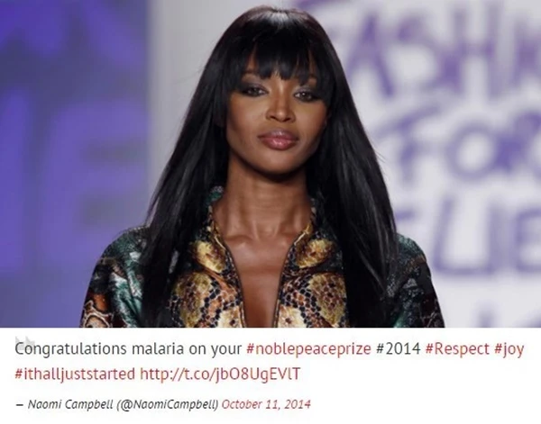 Naomi Campbell bị chế giễu vì viết sai tên nữ sinh đoạt giải Nobel Hòa bình