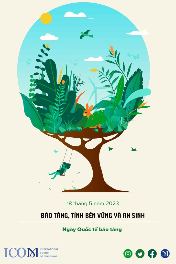 Logo chào mừng Ngày Quốc tế Bảo tàng với chủ đề &apos;Bảo tàng, tính bền vững và an sinh&apos;.