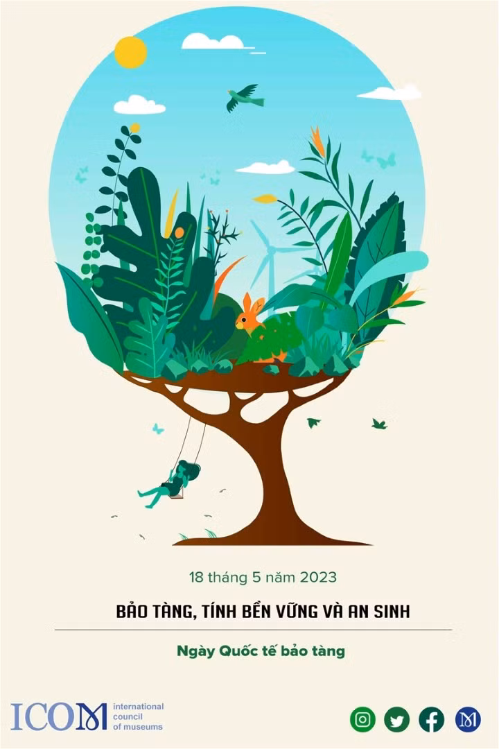 Logo chào mừng Ngày Quốc tế Bảo tàng với chủ đề 'Bảo tàng, tính bền vững và an sinh'.