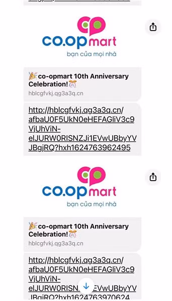 Các đối tượng lừa đảo gửi link qua Facebook thông báo trúng thưởng của Co.opmart để chiếm đoạt thông tin cá nhân khách hàng.