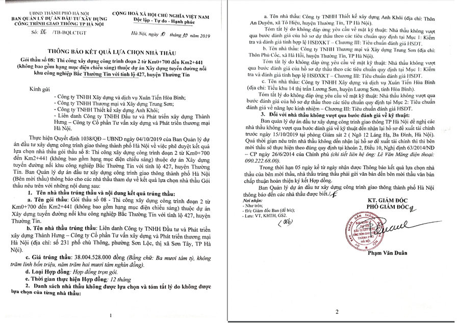 Công ty Thành Hưng được BQLDA đầu tư xây dựng công trình giao thông TP Hà Nội phê duyệt trúng gói thầu 38 tỉ đồng dù mới thành lập được 6 tháng. Công ty Thành Hưng được BQLDA đầu tư xây dựng công trình giao thông TP Hà Nội phê duyệt trúng gói thầu 38 tỉ đồng dù mới thành lập được 6 tháng.