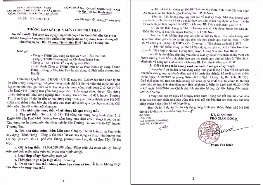 Công ty Thành Hưng được BQLDA đầu tư xây dựng công trình giao thông TP Hà Nội phê duyệt trúng gói thầu 38 tỉ đồng dù mới thành lập được 6 tháng.