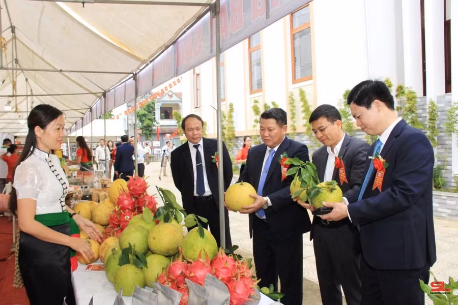 Các đại biểu tham quan các gian hàng giới thiệu sản phẩm nông sản.