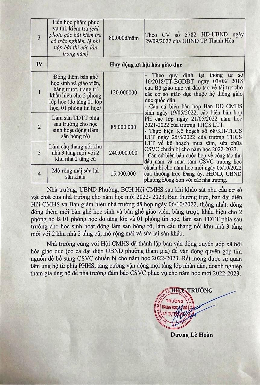 Bảng dự toán kế hoạch các khoản thu đầu năm học 2022 - 2023 của Trường THCS Lý Tự Trọng. Bảng dự toán kế hoạch các khoản thu đầu năm học 2022 - 2023 của Trường THCS Lý Tự Trọng.