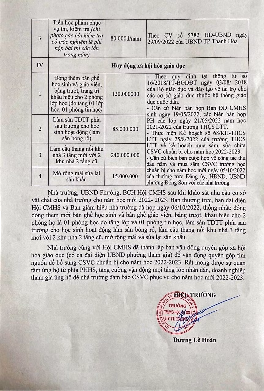 Bảng dự toán kế hoạch các khoản thu đầu năm học 2022 - 2023 của Trường THCS Lý Tự Trọng.