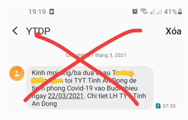 Tin nhắn thông báo người dân đi tiêm vắc xin ngừa COVID-19. Ảnh: H.N.