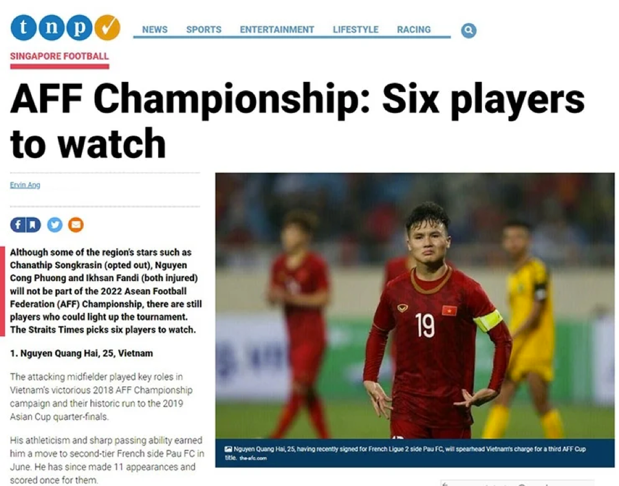 Tờ Straits Times của Singapore cho rằng Quang Hải đáng ngại nhất bên phía tuyển Việt Nam. Tờ Straits Times của Singapore cho rằng Quang Hải đáng ngại nhất bên phía tuyển Việt Nam.