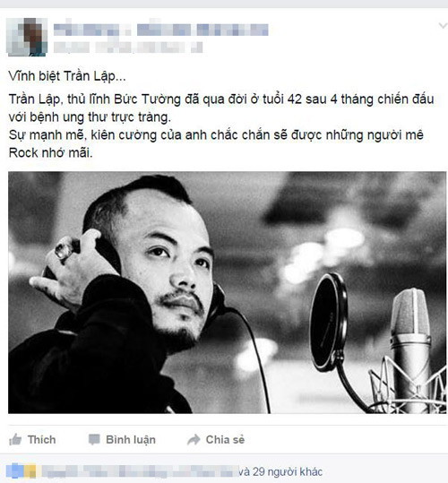 Cộng đồng mạng thương tiếc để tang ca sĩ Trần Lập ảnh 5 cong dong mang thuong tiec de tang ca si tran lap - 5