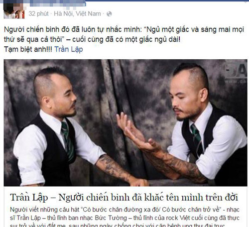 Cộng đồng mạng thương tiếc để tang ca sĩ Trần Lập ảnh 4 cong dong mang thuong tiec de tang ca si tran lap - 4