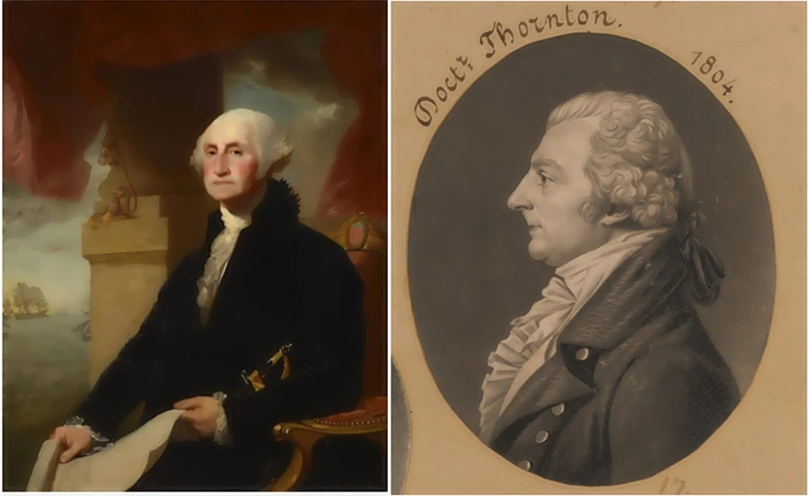 Chân dung George Washington được vẽ hai năm trước khi ông qua đời (trái) và bác sĩ William Thornton. 