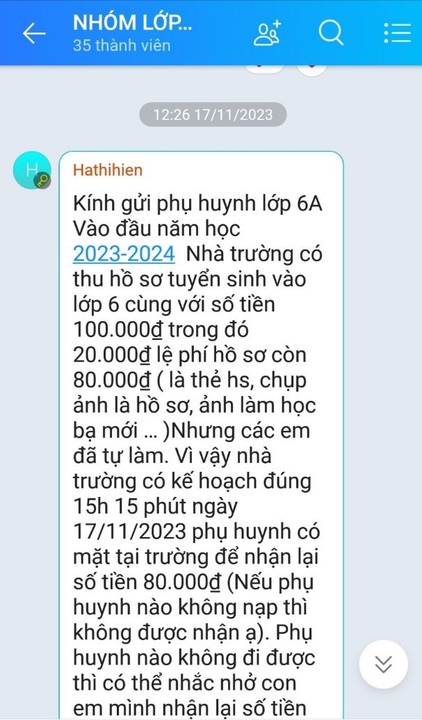 Khẳng định trả lại tiền thu tăng phí tuyển sinh lớp 6 ngay trong ngày nhưng tin nhắn tại các nhóm lớp lại thể hiện nhà trường trả lại vào tháng 11/2023. Khẳng định trả lại tiền thu tăng phí tuyển sinh lớp 6 ngay trong ngày nhưng tin nhắn tại các nhóm lớp lại thể hiện nhà trường trả lại vào tháng 11/2023.