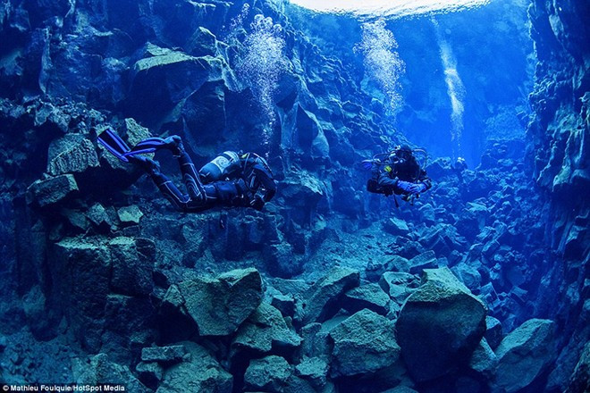 Nhiệt độ trong nước chỉ dao động từ 2 tới 4 độ C. Nước trong do nó chảy qua lớp nham thạch ở bên dưới trước khi ngoi lên hồ Thingvellir. tr