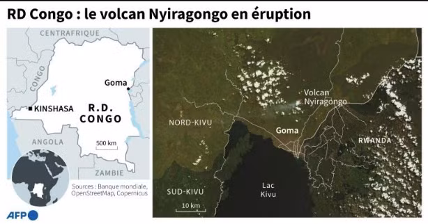Bản đồ xác định vị trí núi lửa Nyiragongo