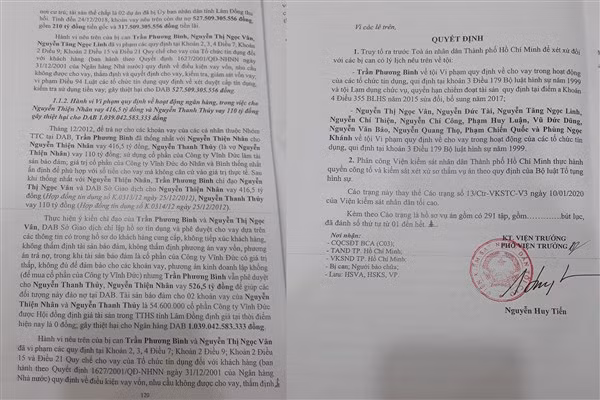 Một phần cáo trạng của Viện KSND tối cao truy tố ông Trần Phương Bình cùng 11 bị can. Ảnh: N.Y