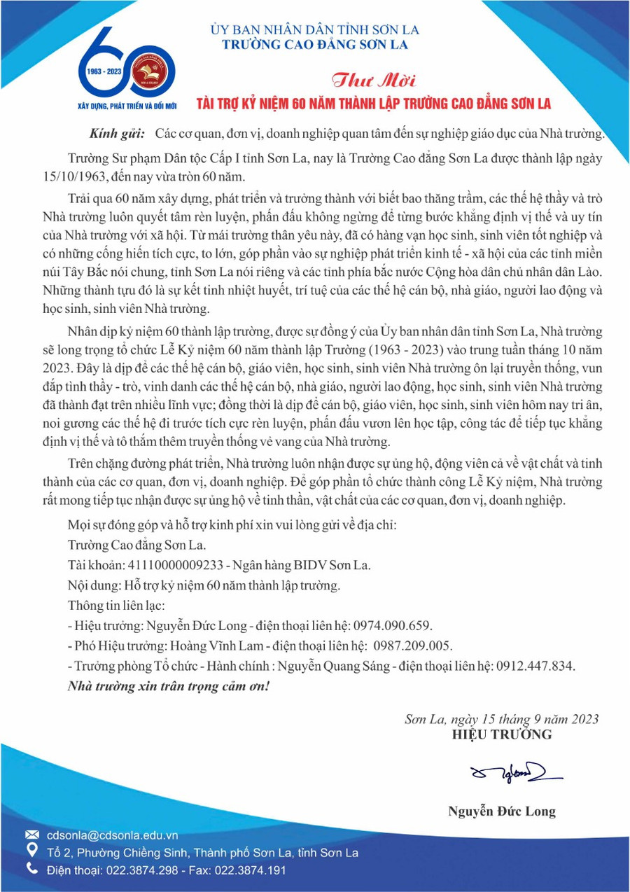 Thư mời tài trợ kỷ niệm 60 năm ngày thành lập Trường Cao đẳng Sơn La. Thư mời tài trợ kỷ niệm 60 năm ngày thành lập Trường Cao đẳng Sơn La.