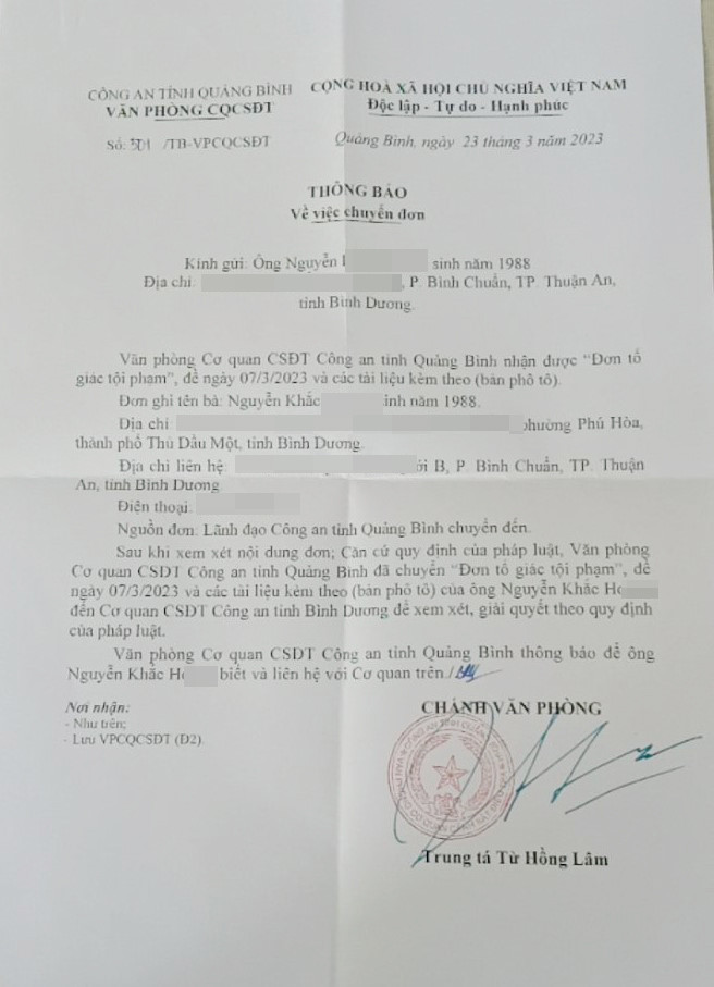 Văn bản của cơ quan CSĐT Công an tỉnh Quảng Bình thông báo về việc chuyển đơn tố cáo của anh H. Văn bản của cơ quan CSĐT Công an tỉnh Quảng Bình thông báo về việc chuyển đơn tố cáo của anh H.