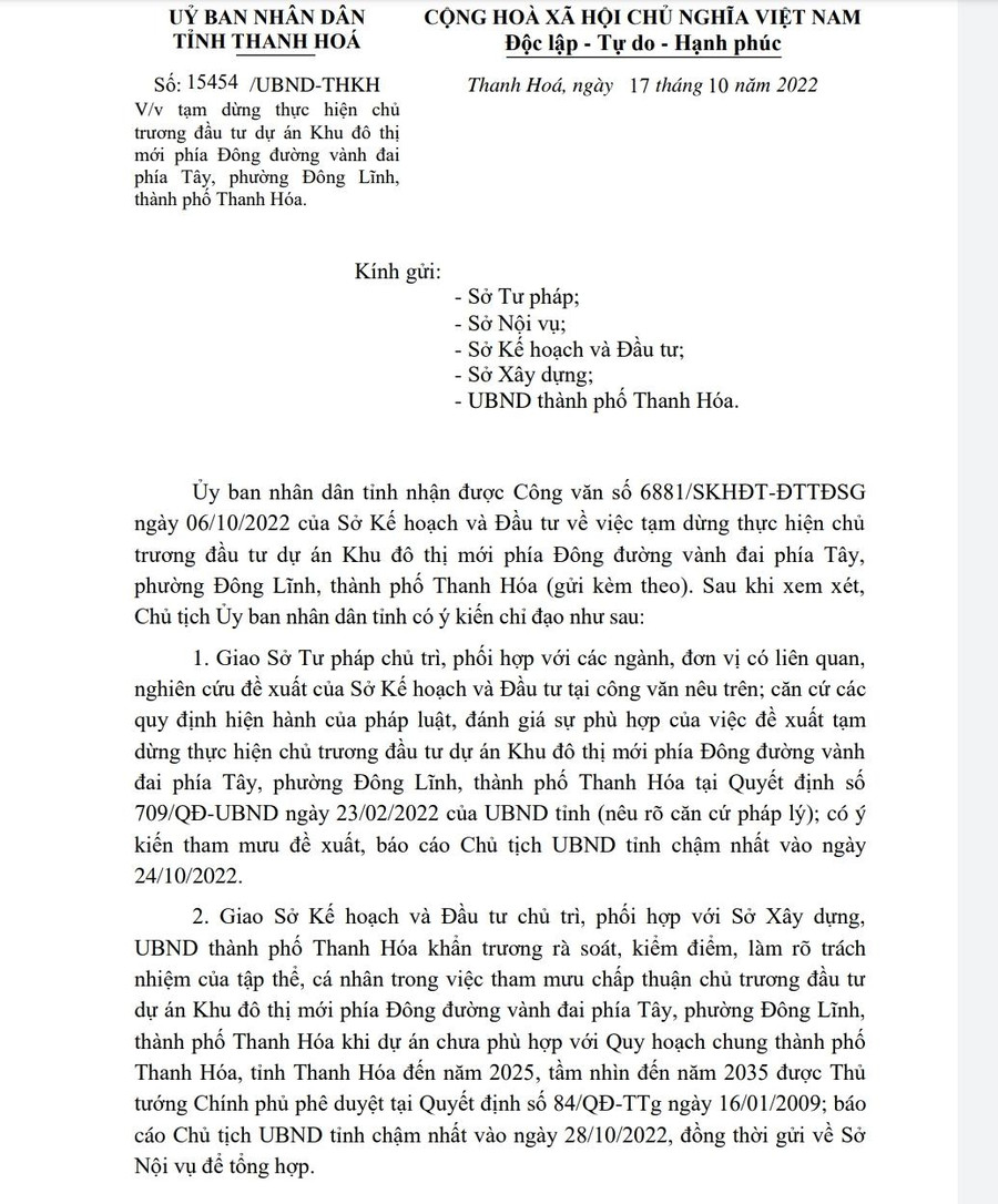 Văn bản của UBND tỉnh Thanh Hóa yêu cầu kiểm điểm, làm rõ trách nhiệm tập thể, cá nhân liên quan đến tham mưu dự án.