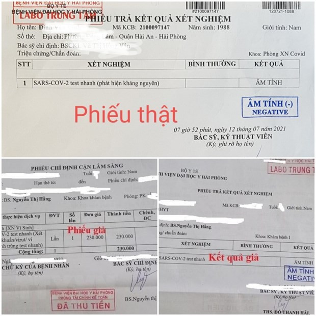 Kết quả xét nghiệm thật của Bệnh viện Đại học Y Hải Phòng (phía trên) và kết quả xét nghiệm giả mạo Bệnh viện Đại học Y Hải Phòng (phía dưới). Ảnh: TTXVN.