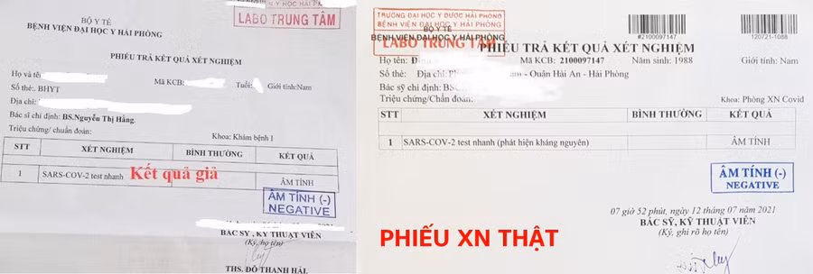 Phiếu xét nghiệm giả và thật của Bệnh viện Đại học Y Hải Phòng. Ảnh: SKĐS.