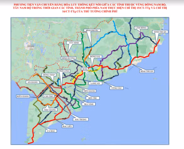 Sơ đồ các tuyến đường thuộc luồng xanh quốc gia trên các quốc lộ qua khu vực miền Đông và miền Tây Nam Bộ trong thời gian phòng chống dịch Covid-19. Nguồn: Tổng cục Đường bộ.