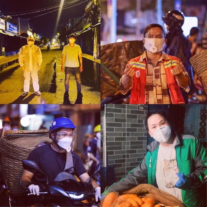 Trong những ngày Sài Gòn căng mình chống dịch, nhóm bạn “Bánh mì 0 đồng” của anh Hoàng Đức Huy đã rong ruổi khắp các tuyến đường để tặng thức ăn cho người nghèo. Trong ảnh: Đức Huy cùng một số thành viên nhóm thiện nguyện "Bánh mì 0 đồng". Nguồn: VTC.