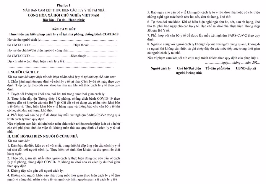 Mẫu bản cam kết thực hiện cách ly y tế tại nhà. Nguồn: medinet.gov.vn.