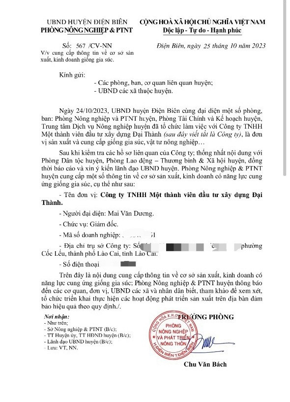 Công văn do Phòng NN&PTNT huyện Điện Biên ban hành. Công văn do Phòng NN&PTNT huyện Điện Biên ban hành.