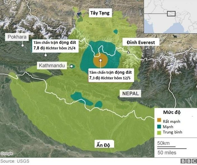 Tâm chấn của trận động đất ngày 12/5 nằm ở độ sâu 19 km, gần trại xuất phát trên núi Everest. Đồ họa: USGS