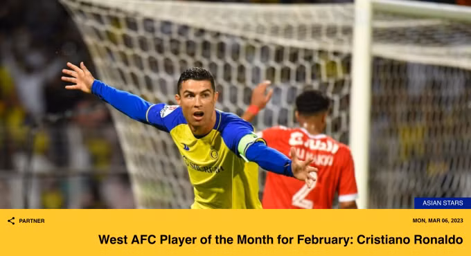 Ronaldo được AFC vinh danh hôm 6/3. Ronaldo được AFC vinh danh hôm 6/3.