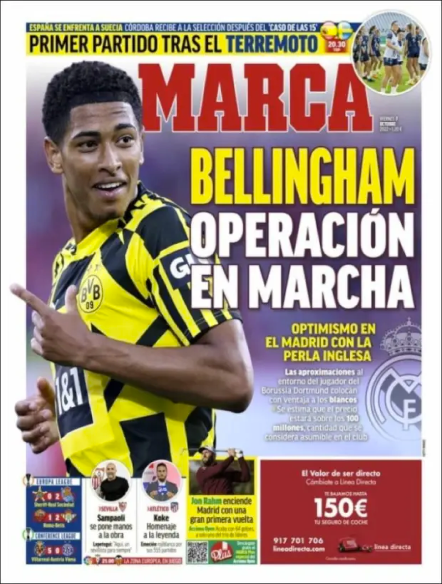 Tờ Marca khẳng định Real Madrid sẵn sàng chi 88 triệu bảng để chiêu mộ Bellingham từ Dortmund. Tờ Marca khẳng định Real Madrid sẵn sàng chi 88 triệu bảng để chiêu mộ Bellingham từ Dortmund.