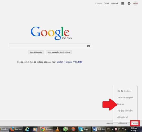 Xóa lịch sử tìm kiếm Google: Mở Google (google.com) trên trình duyệt web, tìm bấm đường dẫn “Cài đặt” phía dưới rồi chọn “Lịch sử” (mũi tên). A1-cach-xoa-lich-su-tim-kiem-tren-Google-Xoa-lich-su-tim-kiem-Google.jpg