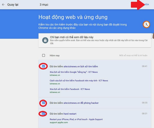 Xóa lịch sử tìm kiếm Google: Trong danh sách lịch sử các từ khóa tìm kiếm, bạn có thể đánh dấu bất kỳ từ khóa nào rồi bấm Xóa (mũi tên). A2-cach-xoa-lich-su-tim-kiem-tren-Google-Xoa-lich-su-tim-kiem-Google.jpg