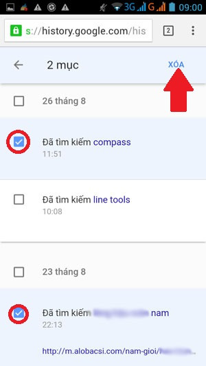 Xóa lịch sử tìm kiếm Google: Trên smartphone, trong danh sách lịch sử các từ khóa tìm kiếm Google, bạn cũng có thể đánh dấu bất kỳ từ khóa nào rồi bấm Xóa (mũi tên). B2-cach-xoa-lich-su-tim-kiem-tren-Google-Xoa-lich-su-tim-kiem-Google-Screenshot_2015-08-28-09-00-19.jpg