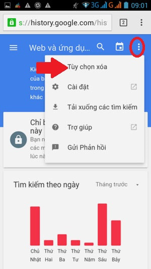 Xóa lịch sử tìm kiếm Google: Nếu người dùng muốn xóa toàn bộ lịch sử tìm kiếm một lúc trên smartphone thì cũng chỉ cần bấm biểu tượng cột 3 chấm rồi chọn “Tùy chọn xóa” (mũi tên)... B3-cach-xoa-lich-su-tim-kiem-tren-Google-Xoa-lich-su-tim-kiem-Google-Screenshot_2015-08-28-09-01-11.jpg