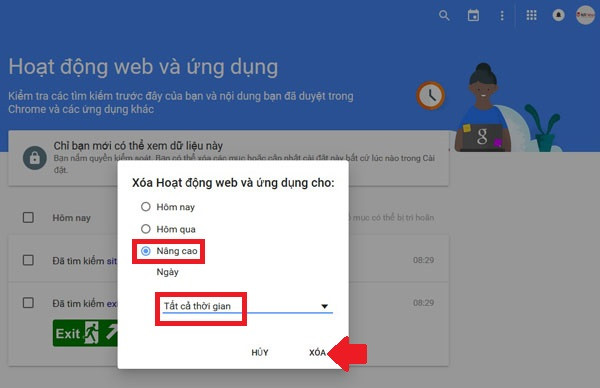 Xóa lịch sử tìm kiếm Google: Đánh dấu “Nâng cao”, để nguyên lựa chọn “Tất cả thời gian”, rồi bấm XÓA. A4,5-cach-xoa-lich-su-tim-kiem-tren-Google-Xoa-lich-su-tim-kiem-Google.jpg