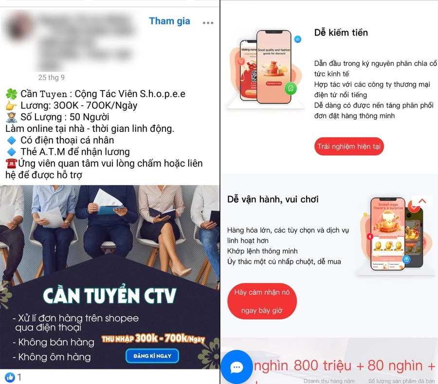 Những quảng cáo “hấp dẫn” về công việc cộng tác viên cho các sàn thương mại điện tử.