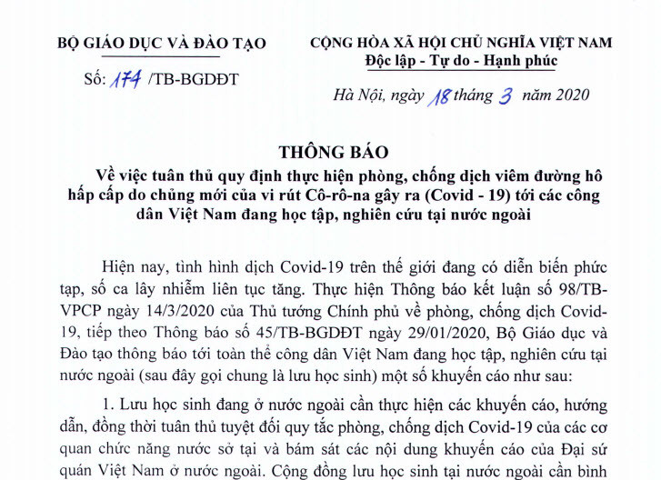 Thông báo số 174 của Bộ GD&ĐT đề nghị các công dân Việt Nam đang học tập, nghiên cứu tại nước ngoài cần tuân thủ quy định thực hiện phòng, chống dịch viêm đường hô hấp cấp do chủng mới của virus Corona gây ra (Covid-19) của nước sở tại