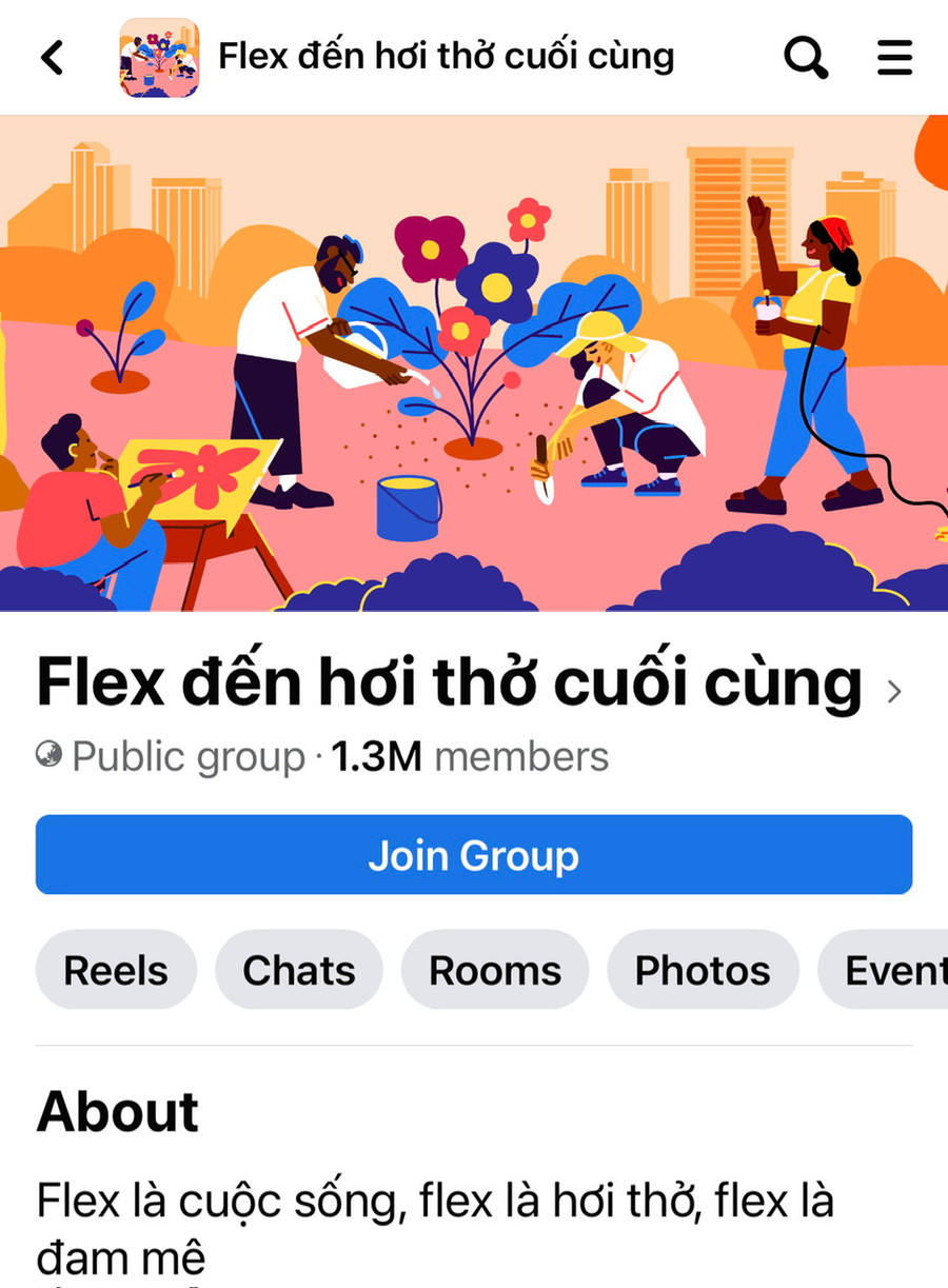Thành lập chưa đầy 2 tháng, nhóm Facebook &apos;Flex đến hơi thở cuối cùng&apos; thu hút đến hơn 1,3 triệu thành viên tham gia. Ảnh chụp màn hình.