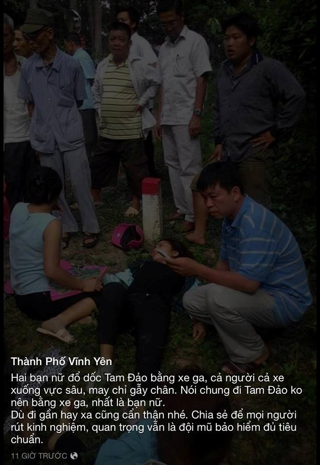 Fanpage Thành phố Vĩnh Yên chia sẻ hình ảnh một thiếu nữ bị tai nạn khi đi xe tay ga đổ dốc Tam Đảo. Thông tin nhận được hàng trăm chia sẻ của mọi người nhằm giúp các bạn nữ cảnh giác hơn. Ảnh: Thành phố Vĩnh Yên. Clip thanh niên nhảy xuống suối đá nguy hiểm bị chỉ trích