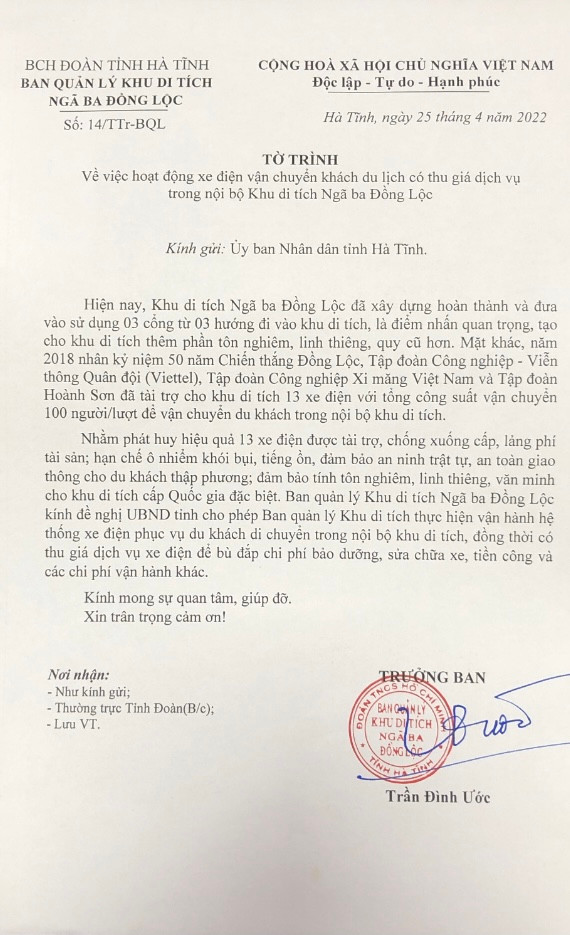 Tờ trình của Ban Quản lý khu di tích gửi UBND tỉnh Hà Tĩnh đề nghị cho phép thực hiện vận hành hệ thống xe điện phục vụ du khách.